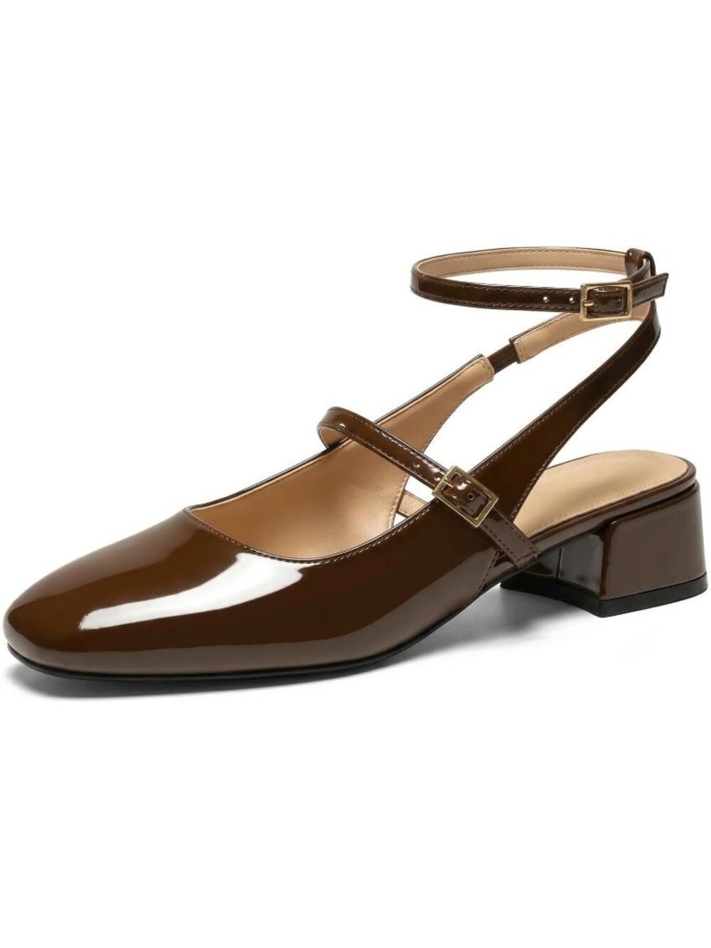 Women's Coffee Square Toe Mary Jane Pumps Chunky Low Heels Ankle Strap Shoes